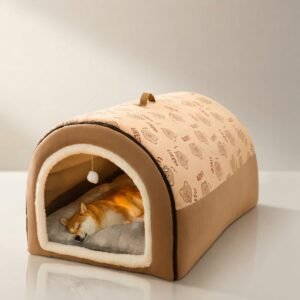 Arched Fleece-Lined Pet House with Hanging Toy
